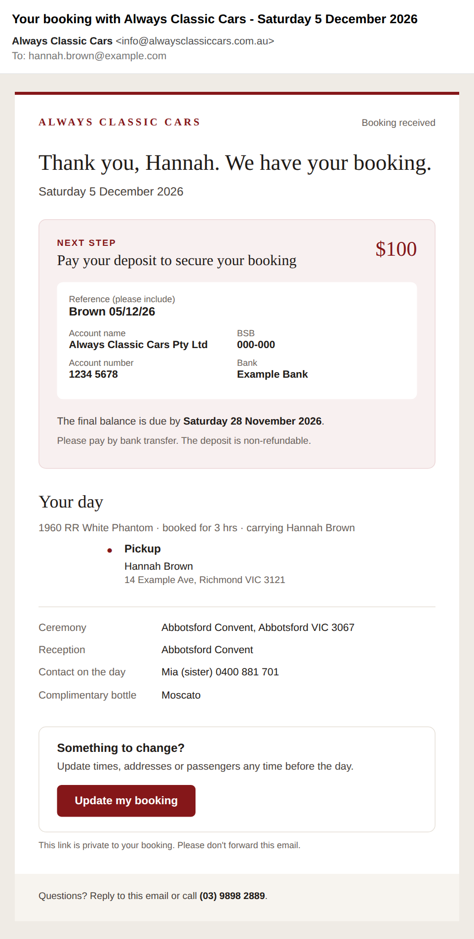 The booking confirmation email