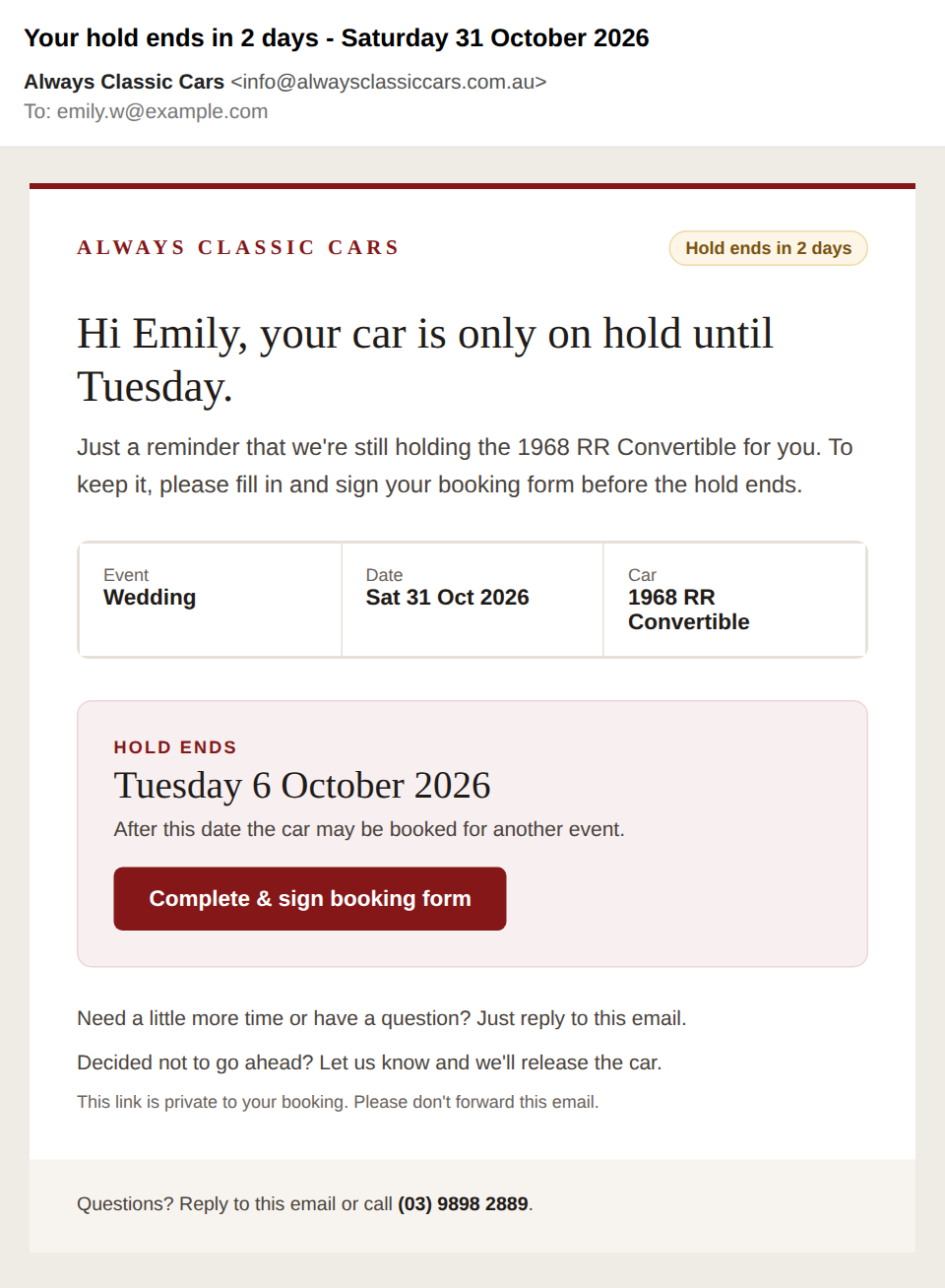The hold reminder email