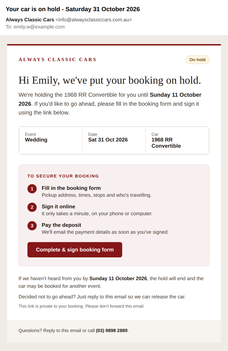 The car on hold email