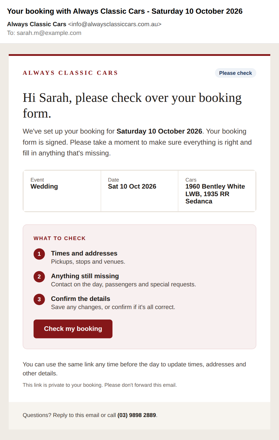 The booking link email